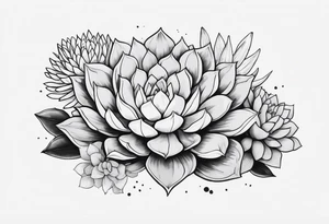 fine line. one big succulent in the middle. Two smaller succulents on the side. Dots and floral
. Sternum tattoo grey scale shading tattoo idea
