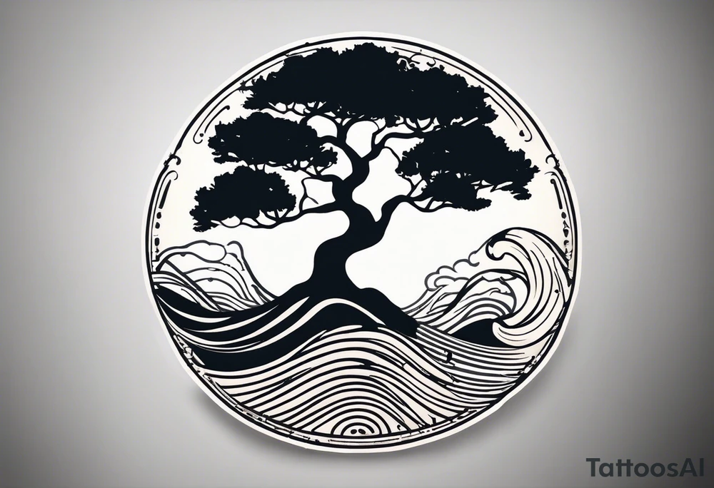 an abstract Tree of Life tattoo. It should have roots growing out of the bottom. The roots slowly turn into water from the Great Wave by Hokusai. A golf flag should be placed discreetly growing out of the ground. 2 license plate tags should be hanging from the tree. Place a few music notes in the areas the leaves should be. The letters A U should be engraved into the tree trunk in a heart. tattoo idea