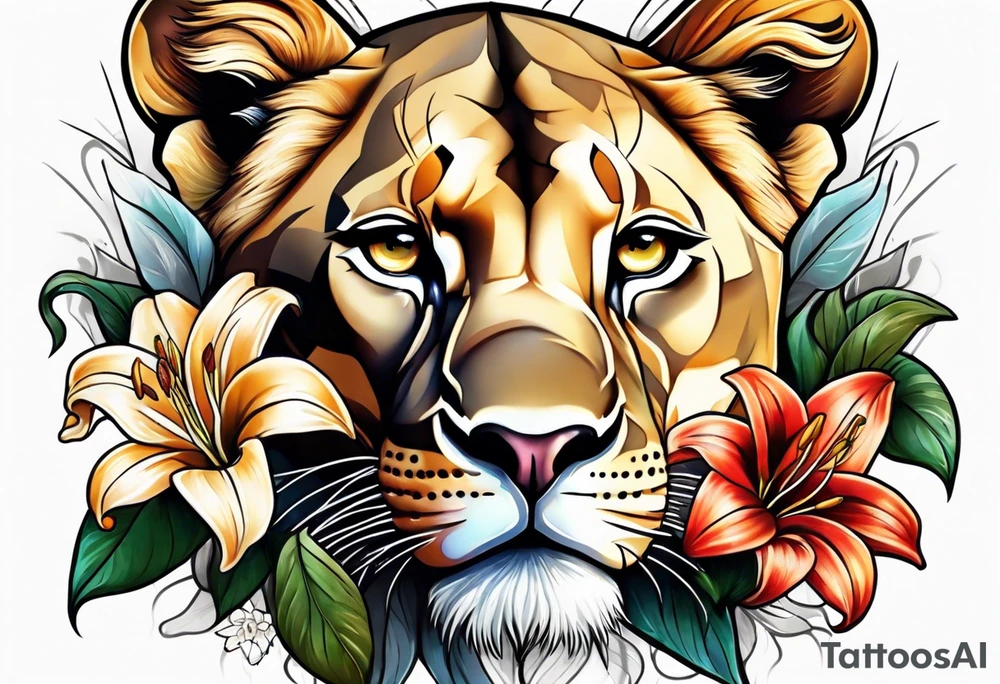 Lioness with lilies and color all over tattoo idea