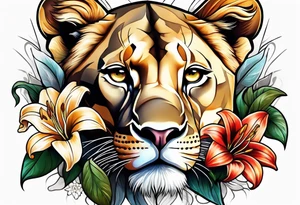 Lioness with lilies and color all over tattoo idea