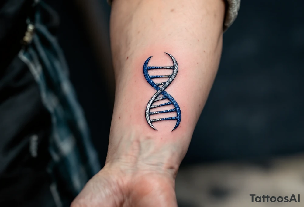 A DNA helix in the form of an infinity, in blue and silver, symbolizing life and legacy. tattoo idea