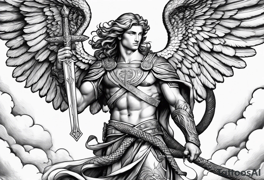 archangel Michael, sword, snake, bible verse, cross, clouds tattoo idea