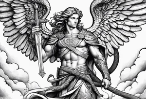 archangel Michael, sword, snake, bible verse, cross, clouds tattoo idea
