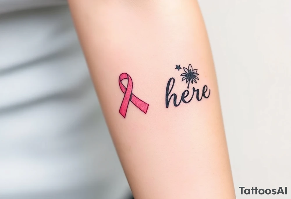 ‘I am here’ with breast cancer pink ribbon as I with Hawaiian theme tattoo idea