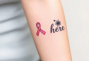 ‘I am here’ with breast cancer pink ribbon as I with Hawaiian theme tattoo idea