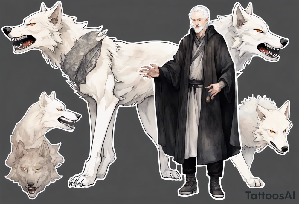 a white-skinned medieval man with grey hair, grey eyes, and a black cloak standing beside a massive albino wolf tattoo idea