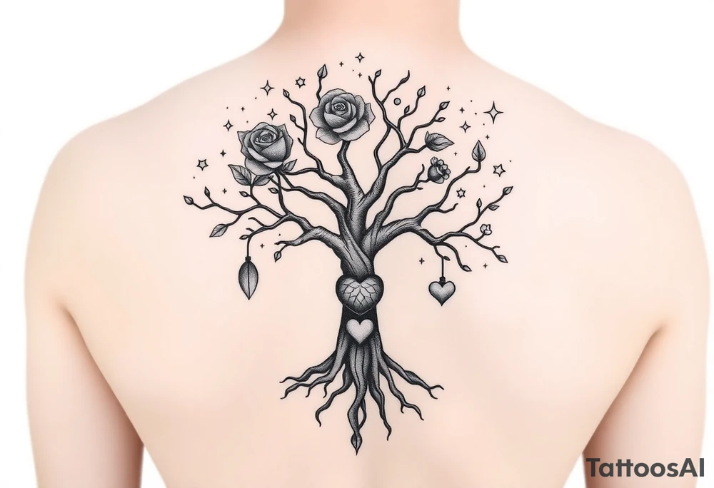 For the shoulder:

Here’s a visual sketch of the Cosmic Tree of Life tattoo concept for your shoulder 🌳✨
	•	Trunk & Roots – grounding, curving toward the chest.
	•	Rose blooming at the end of one branch.
	•	Geisha Fan hanging delicately from another branch.
	•	Scales + Heart as fruit of the tree.
	•	Pawprint carved into the trunk, subtle but personal.
	•	Cosmic stars in the background, adding that mystical, otherworldly aura.

This design flows naturally, ties into your symbolism, and can be shaded/colored to look powerful and feminine at the same time. tattoo idea