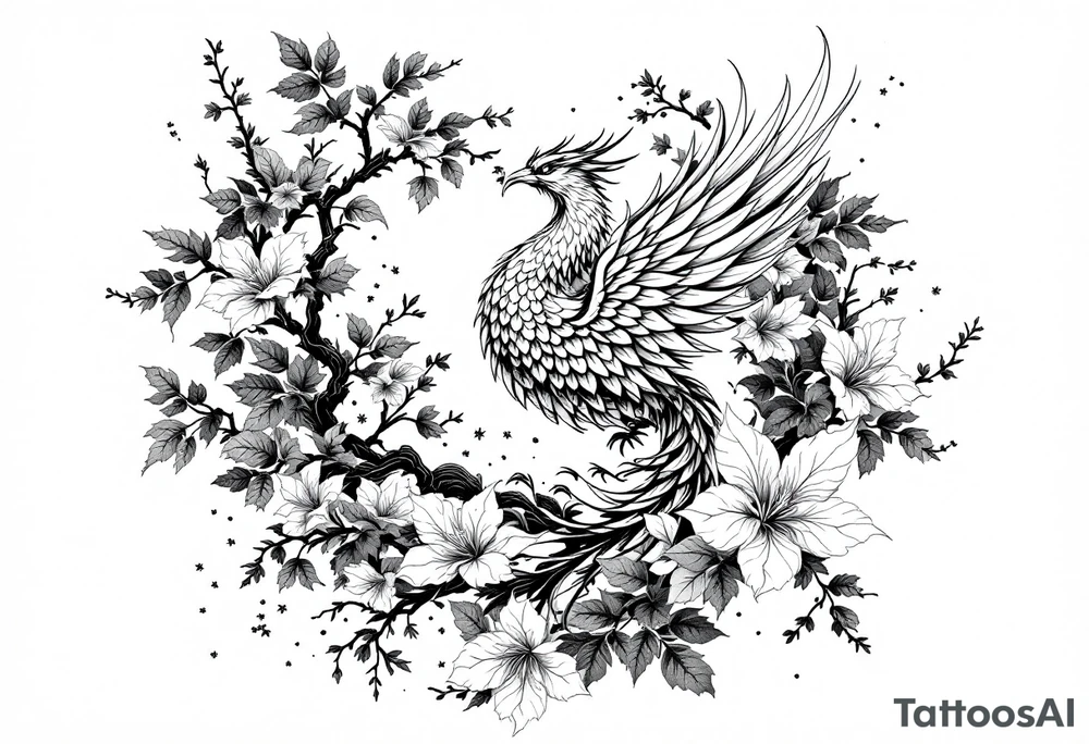 powerful japanese phoenix surrounded by maple leaf and cherry blossom tattoo idea