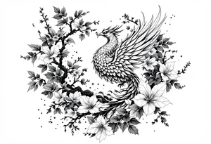 powerful japanese phoenix surrounded by maple leaf and cherry blossom tattoo idea