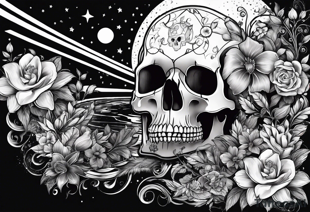 chemistry, roller coaster track, skulls, flowers, space with stars tattoo idea