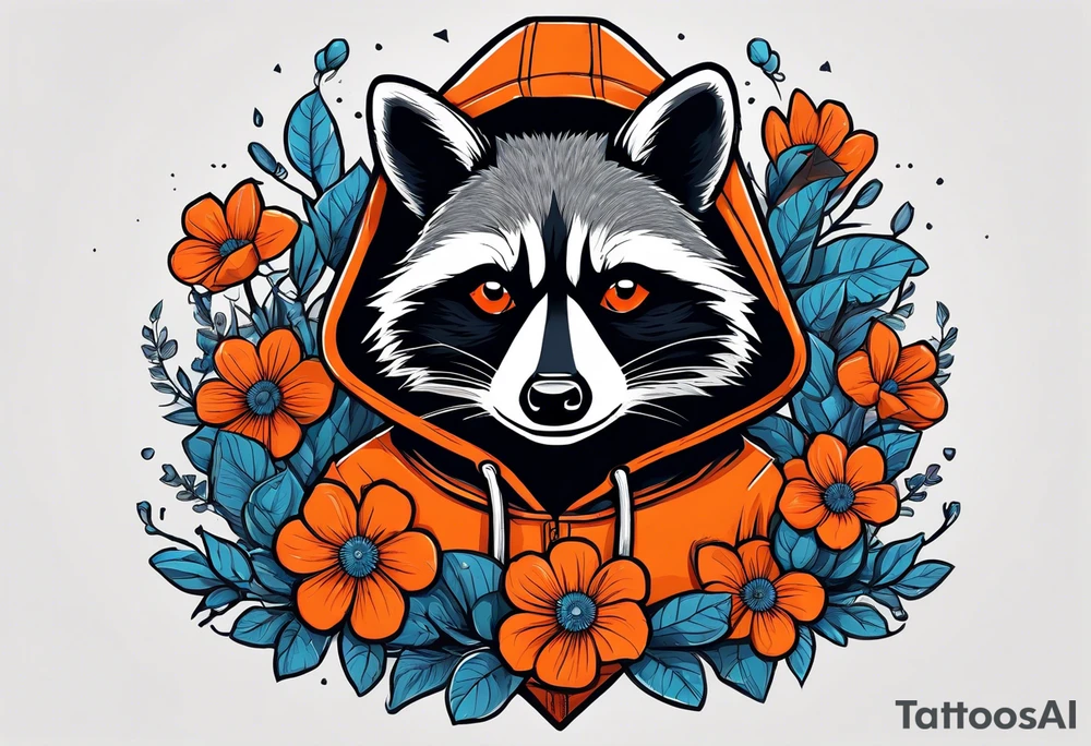 raccoon wearing a Superman hoodie with orange flowers tattoo idea