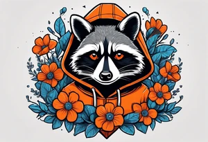 raccoon wearing a Superman hoodie with orange flowers tattoo idea