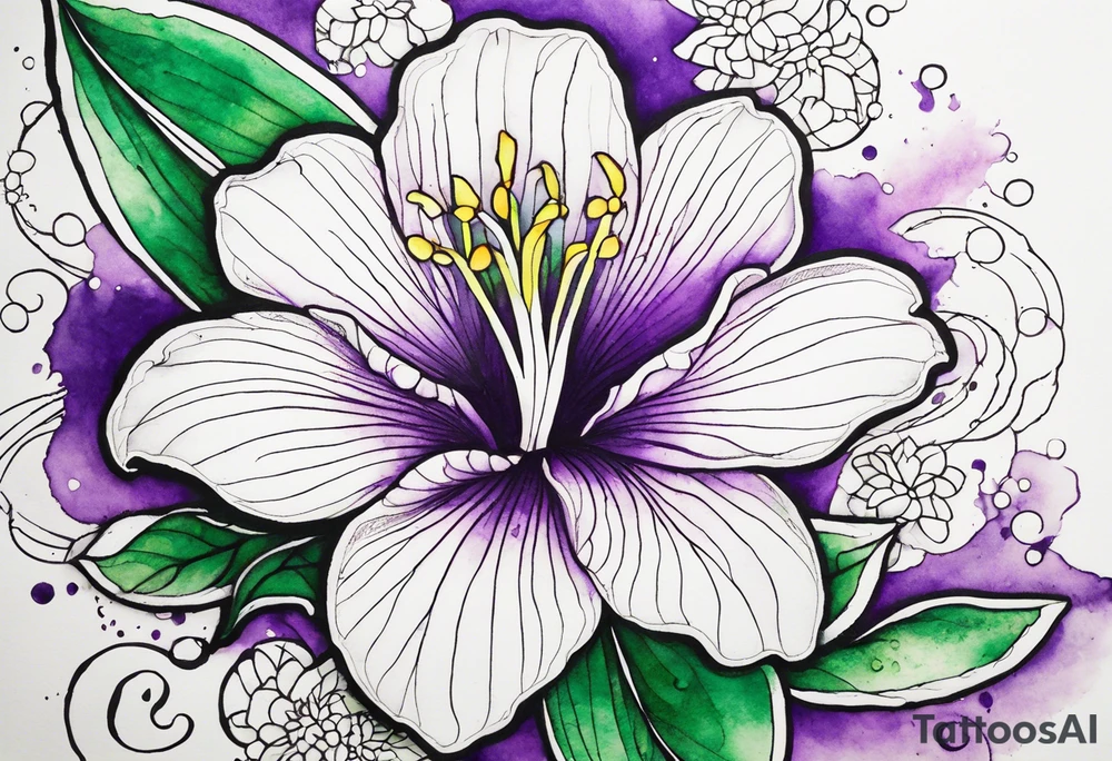 A mystical outline of a rio dipladenia flower and a green/purple watercolor splash in the background tattoo idea