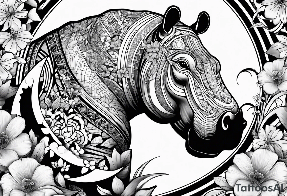 Hippo, flowers, moon, interstella, 
fine lines, tribal, geometric, japanese tattoo idea