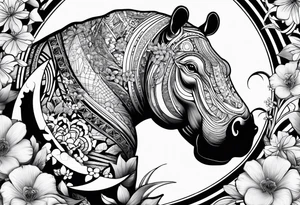Hippo, flowers, moon, interstella, 
fine lines, tribal, geometric, japanese tattoo idea