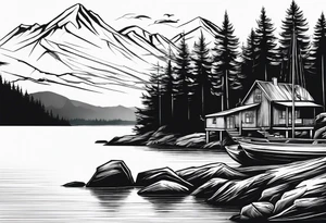 Long narrow tattoo for arm. Lake with wind swept pine in foreground. Dock going out into the lake from the shore. Mastiff silhouette on shore. Hills on far side of lake tattoo idea