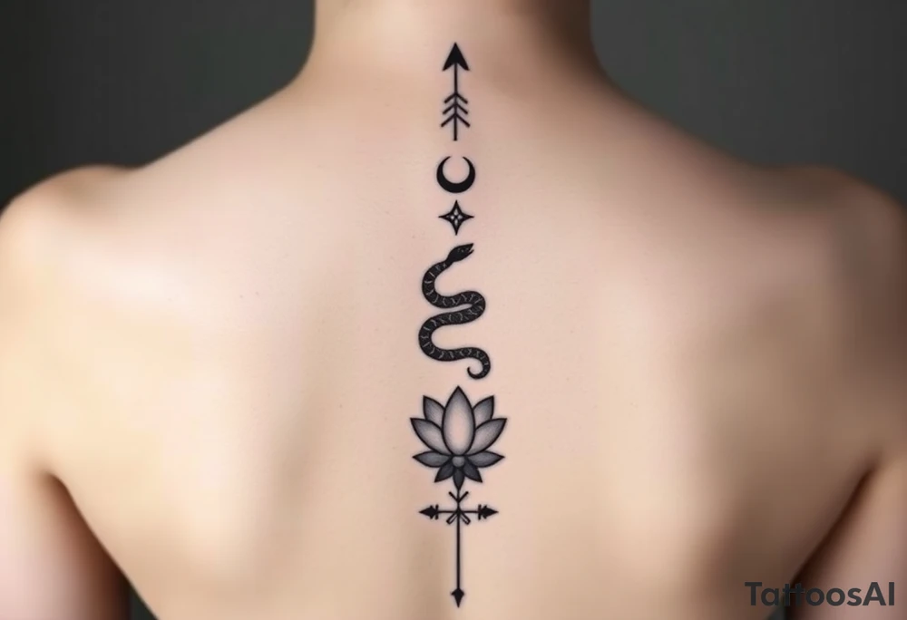 Ultra-high-definition, 
 
Tattoo Description (Very Important)

A fine-line black ink vertical spine tattoo, perfectly centered and symmetrical, running from upper back to lower back:

At the top (just below the neck):
A small upward-pointing arrowhead, minimal and sharp.

Below it:
A crescent moon, thin and elegant, facing upward.

Beneath the moon:
A small star / celestial cross with delicate points.

Below that:
A coiled viper, minimalistic and clean, facing upward, compact coils (tattoo-friendly, not aggressive).

Below the snake:
Another small celestial star marker, aligned vertically.

Center of the back:
A detailed lotus flower, symmetrical petals, fine-line botanical style, calm and balanced.

Below the lotus:
Small ornamental dots and geometric accents, maintaining vertical flow.

At the bottom (lower back):
A final upward-pointing arrow, thin, precise, completing the vertical line.


Tattoo style: fine-line, minimalist, sacred geometry / celestial, crisp edges, high clarity, no blur.


---

Quality & Output Settings

Resolution: Ultra HD / poster-print quality

Sharp focus across entire back and tattoo

Natural skin texture preserved

No distortion, no fantasy elements

Clean, elegant, gallery-ready realism tattoo idea