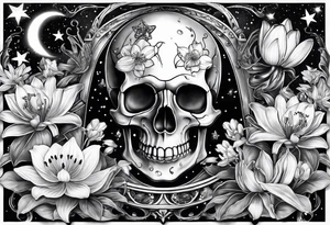 sleeve tattoo including science, skulls, roller coaster track, space and stars, water lily, daffodil, lily of the valley tattoo idea