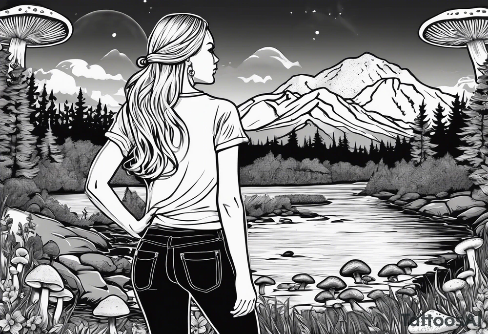 Whole picture encircled fully

Straight long blonde hair hippie girl in distance holding mushrooms in hand facing away toward mountains and creek surrounded by mushrooms long sleeve shirt and hiking pants; whole rendering within a full circle, no cut off circle tattoo idea