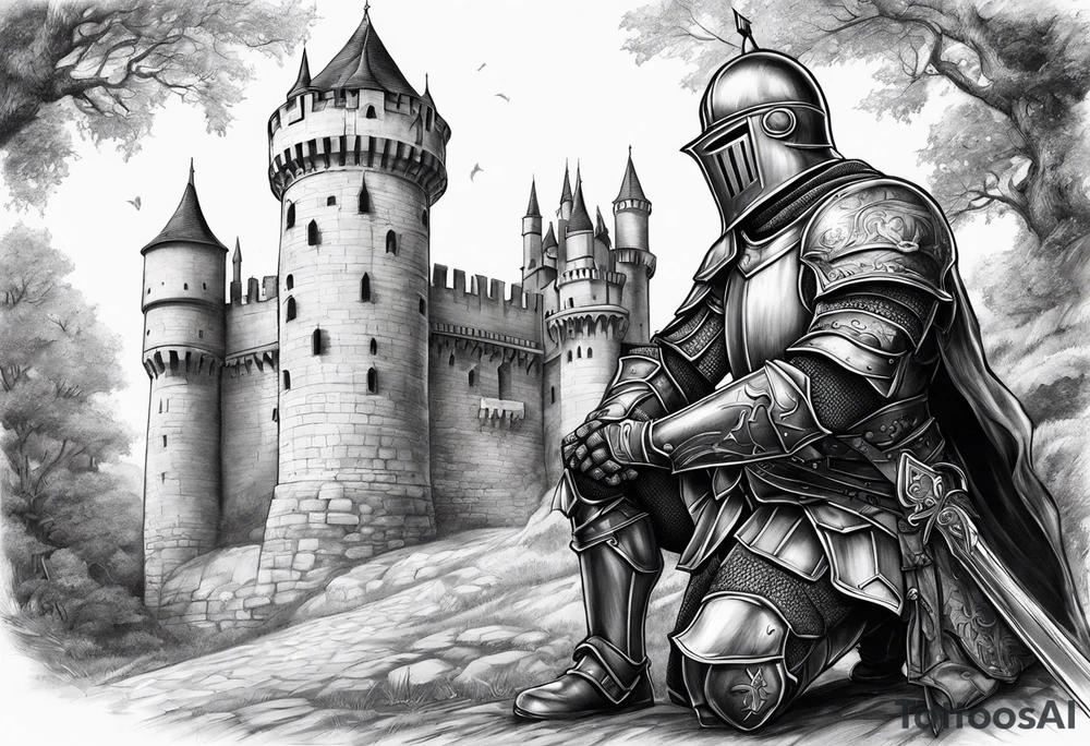 Wounded knight on two knees in front of castle tattoo idea