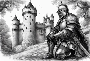 Wounded knight on two knees in front of castle tattoo idea