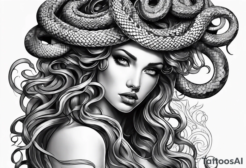 arm tattoo of Medusa as a statue with snakes for hair tattoo idea