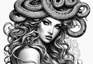 arm tattoo of Medusa as a statue with snakes for hair tattoo idea