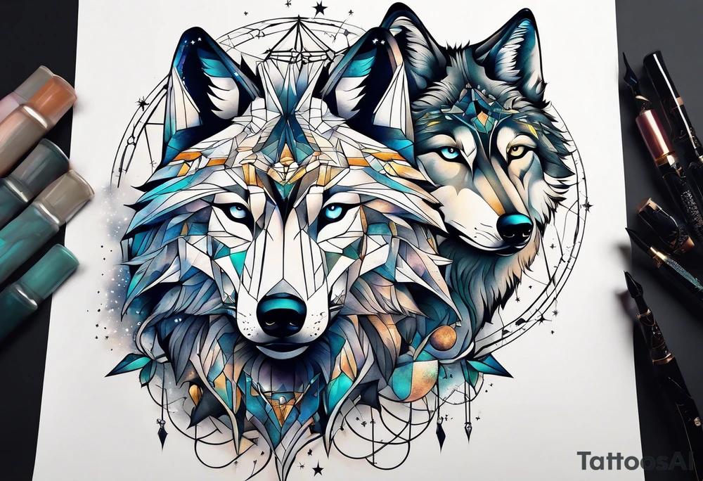 Constellation, two animal wolf, géométric tattoo idea