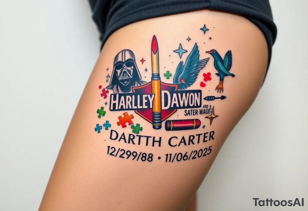 colorful futuristic memory tattoo for passed boyfriend;, star wars, Harley Davidson, skateboarding, puzzle pieces, video games, heaven, god, outdoors, 9mm bullet, words MEMENTO MORI & DARTH CARTER 12/29/88-01/06/2025 tattoo idea