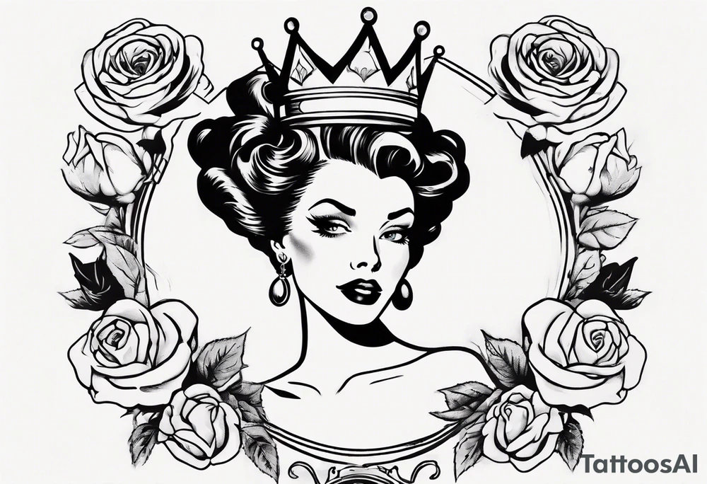 pin-up queen of hearts with a crown, immersed in rose flowers tattoo idea