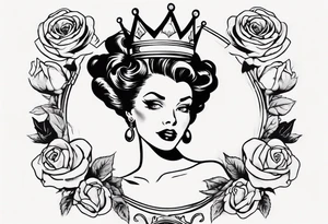 pin-up queen of hearts with a crown, immersed in rose flowers tattoo idea