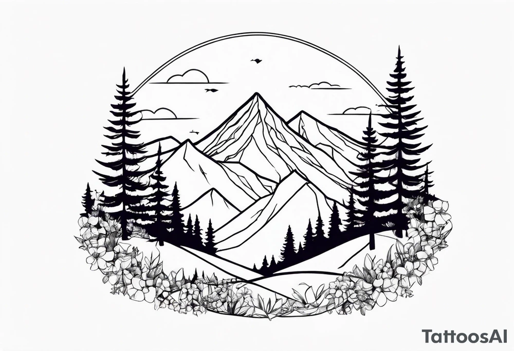 Mountains and trees with wildflowers tattoo idea