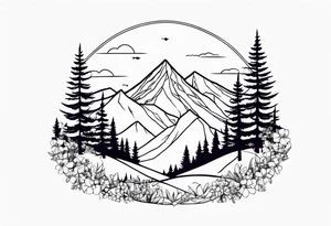 Mountains and trees with wildflowers tattoo idea