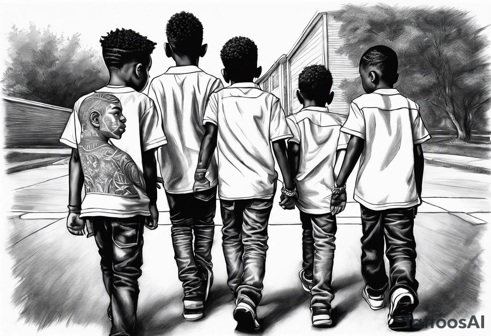3 black school age brothers walking away together  you can see their full bodies and one is looking to the side showing the side of his face tattoo idea