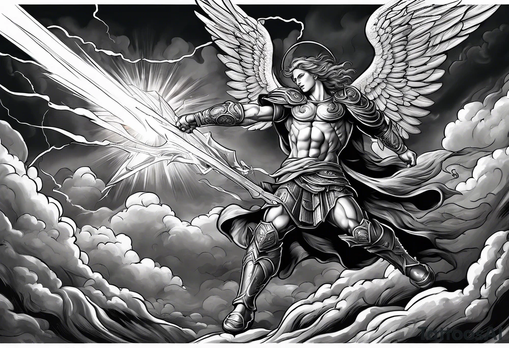Michael the Archangel defeating the devil.  clouds and lightning in background tattoo idea