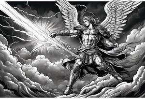 Michael the Archangel defeating the devil.  clouds and lightning in background tattoo idea