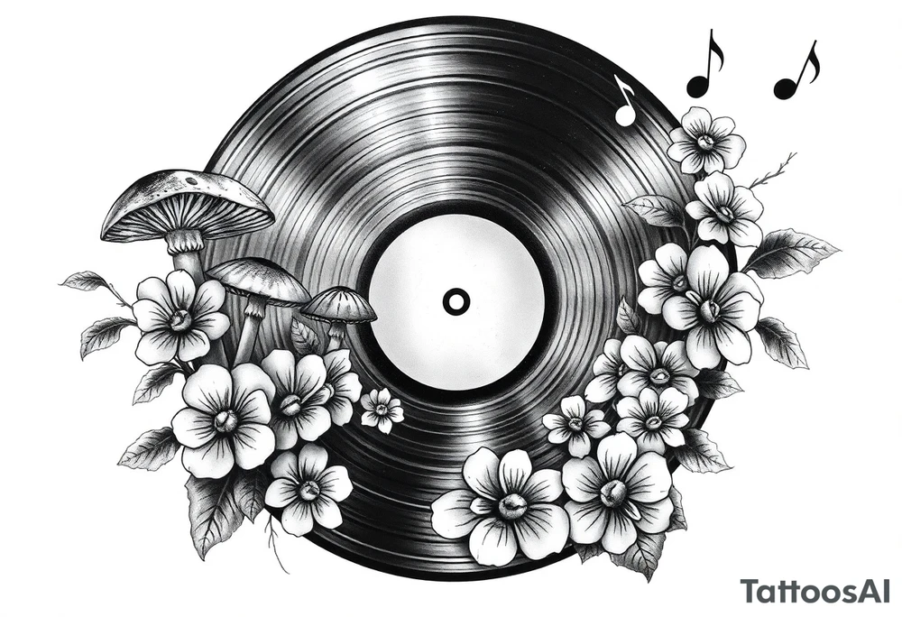 vinyl record with mushrooms, flowers, hearts, and music notes tattoo idea