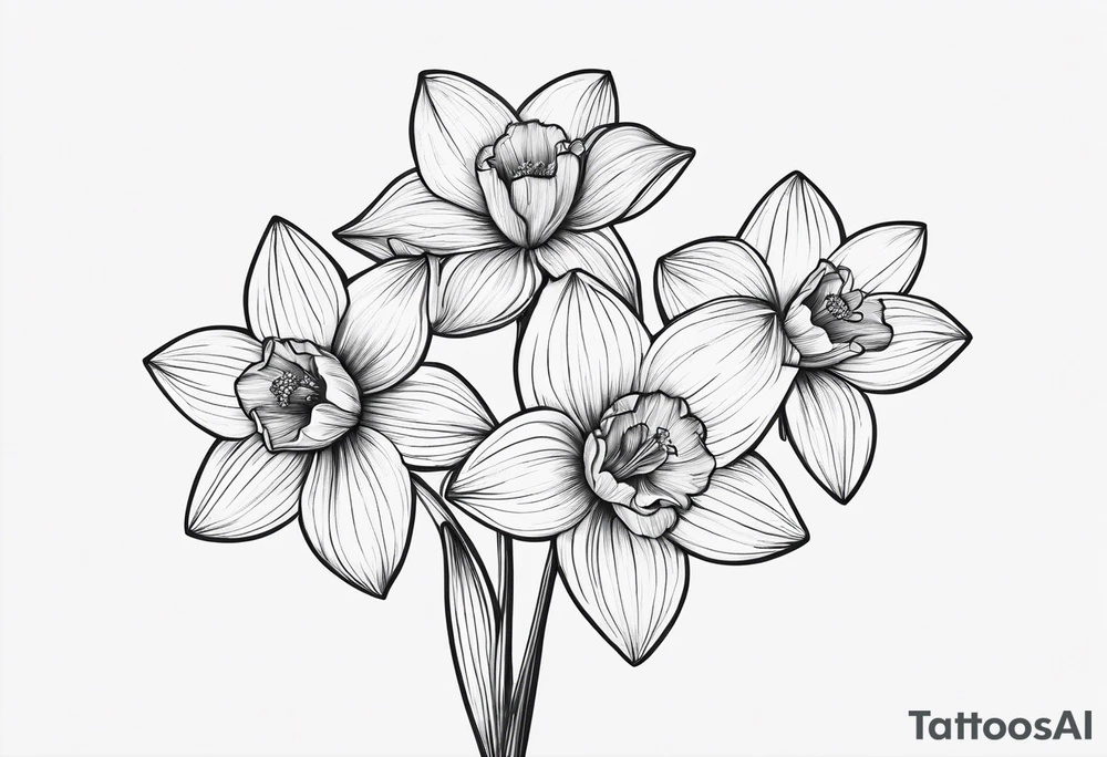 Black line work, delicate, small narcissus flower with stem, add cursive uppercase I, finger tattoo tattoo idea