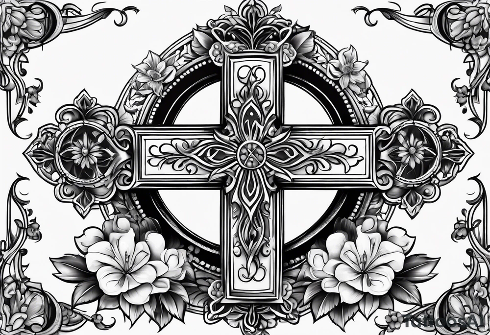 A wooden cross with 3 flowers surrounding it tattoo idea