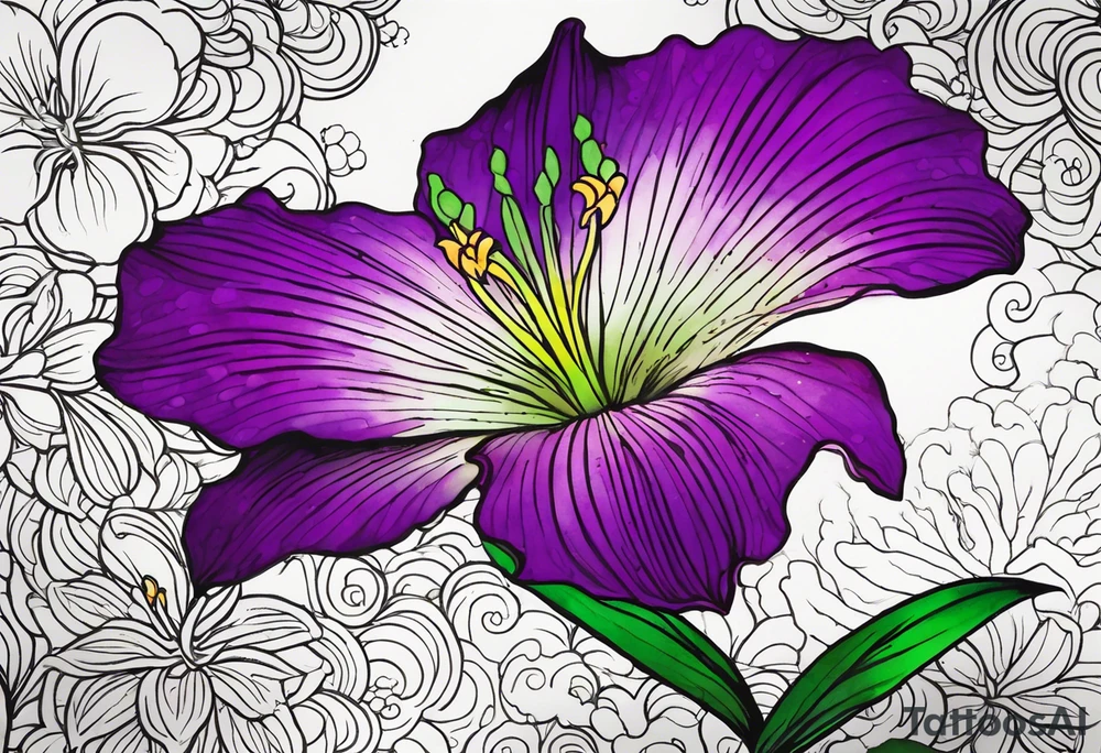 A mystical outline of a rio dipladenia flower and a green/purple watercolor splash in the background tattoo idea