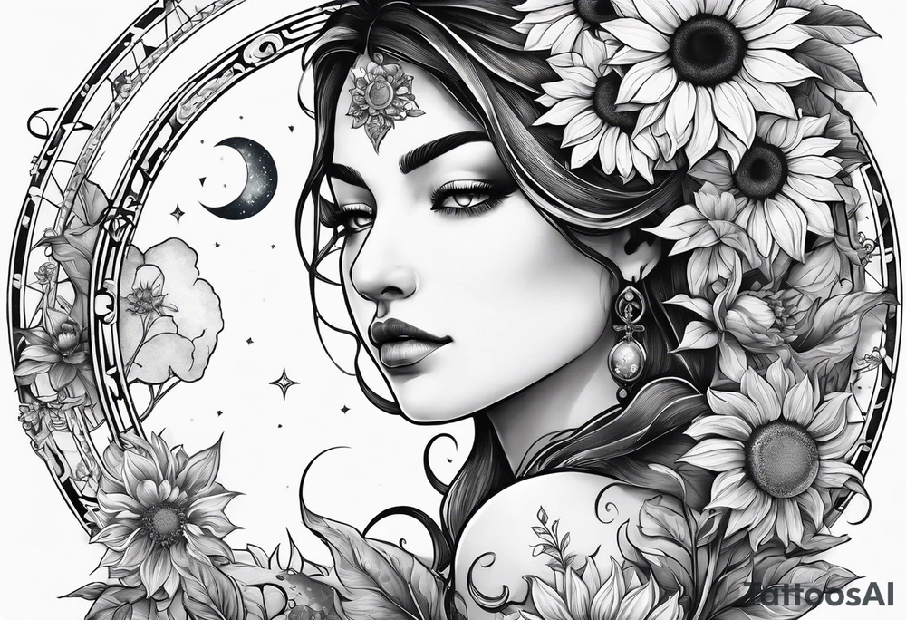 Zodiac sign Cancer, moon, sunflower, flowers, fairy, love, kind, fierce, sun, caring, tattoo idea