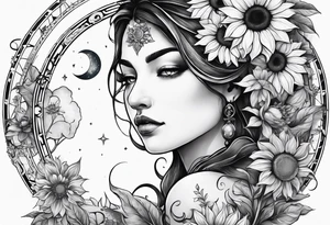 Zodiac sign Cancer, moon, sunflower, flowers, fairy, love, kind, fierce, sun, caring, tattoo idea