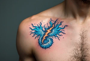 A surreal figure of Aquarius formed by merging waterwith blue and white lightning. tattoo idea