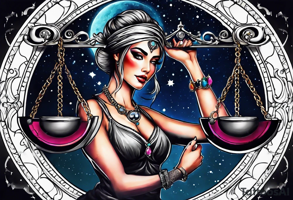 Beautiful woman blindfolded holding the libra scales, in the background is the libra constellation with a halfmoon surrounding half of the woman. The scales hang from the bottom of the half moon. Vibrant colors intensify the picture tattoo idea