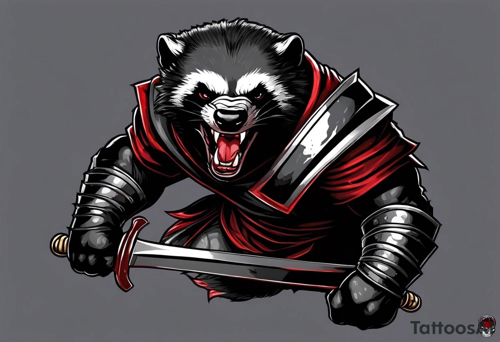 Draw me psychopath Honey Badger/Berserker/Assassin with aggressive full body, killer face with a scary smile, very long nails and he attacks like a Bloody Assassin/Warrior/Gladiator to us and also, he has very deadly looking. He fights with his nails only. Everybody scares after their first sight. Give me horror type Badger Tattoo. I want to see his Realistic full body with no weapons. You can show destruction at the back. tattoo idea