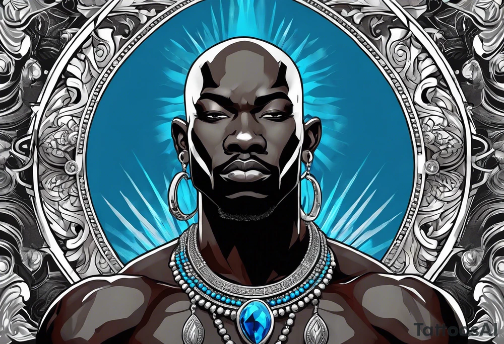 An african god, a bald black-skinned warrior, that uses a sword and a silver crown. He also uses blue and red necklaces tattoo idea
