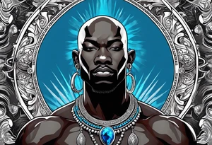 An african god, a bald black-skinned warrior, that uses a sword and a silver crown. He also uses blue and red necklaces tattoo idea