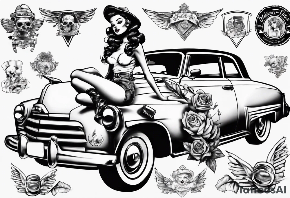 Topless pinup doll sitting on the hood of an vintage car tattoo idea