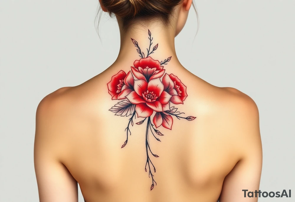 Floral red ink spine tattoo tattoo idea