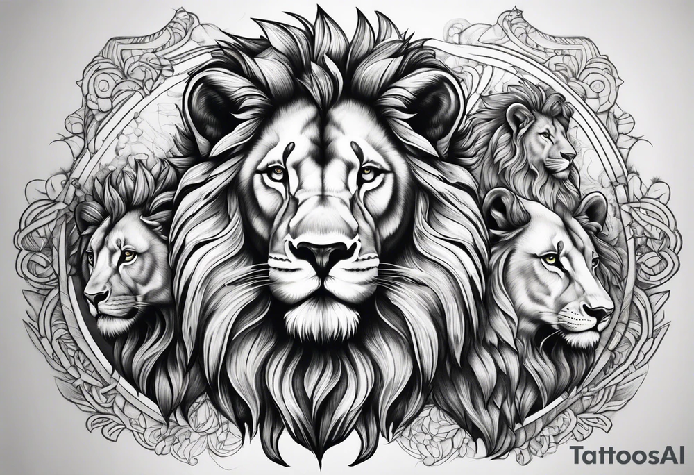 Lion with ram horns and 3 cubs tattoo idea